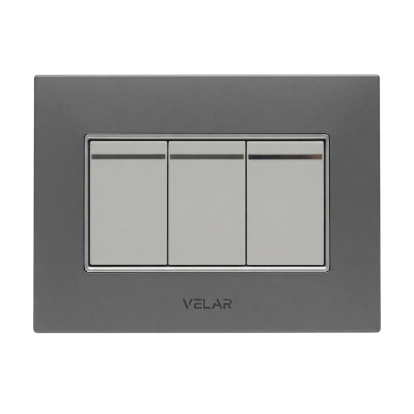 Metallic grey acrylic front with silver pillars.